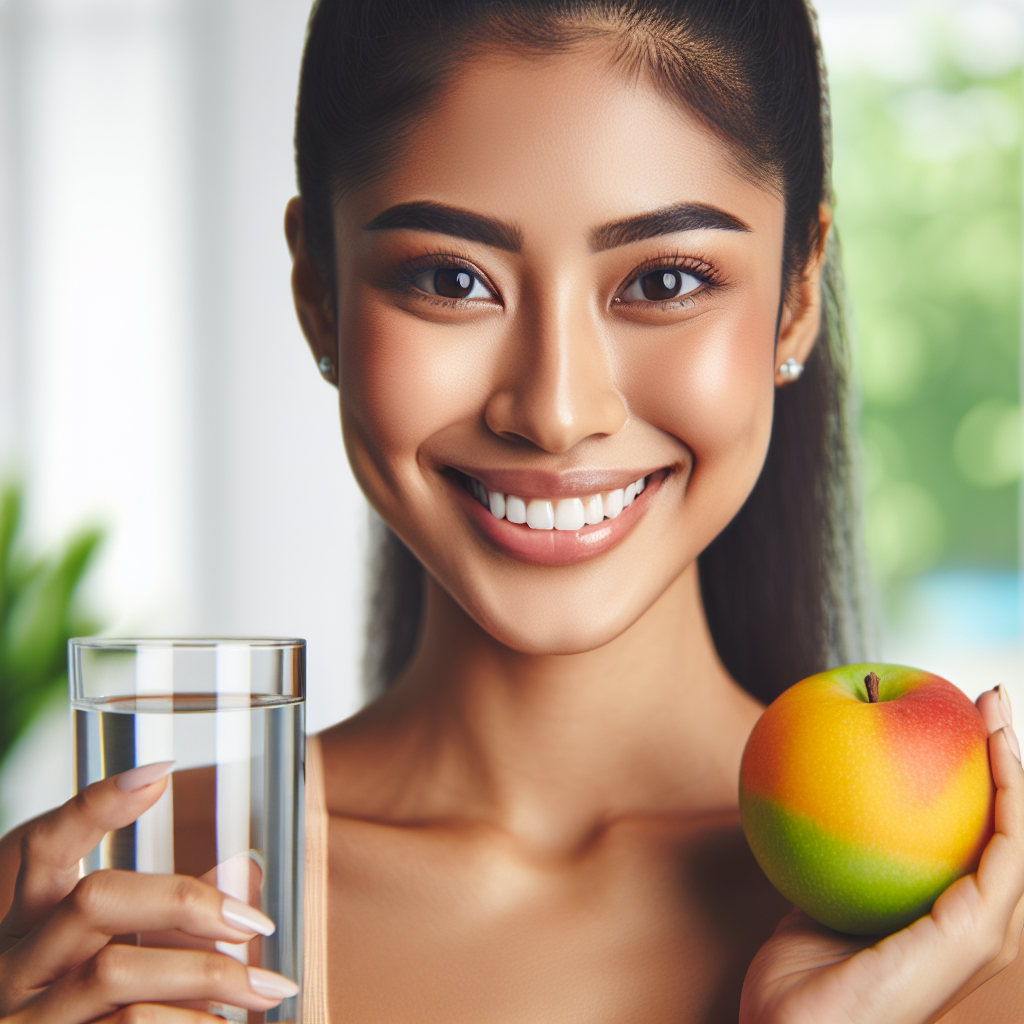 A diverse person with a fit and healthy physique, smiling confidently, holding a glass of water and a vibrant piece of fresh fruit. The background is bright and clean, subtly featuring elements of a healthy lifestyle like green plants or a blurred gym/park setting, conveying vitality, well-being, and positive lifestyle changes.