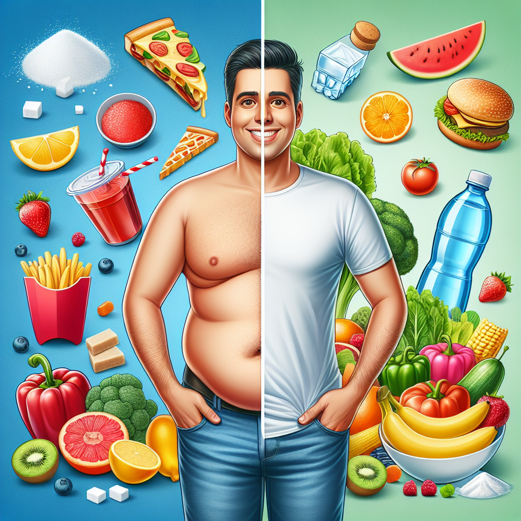 Ein geteiltes Bild, das den Weg zu einem flachen Bauch darstellt. Auf der linken Seite ist eine Person mit einem leicht gerundeten Bauch zu sehen, umgeben von ungesunden Lebensmitteln wie Zucker und Fast Food. Auf der rechten Seite hat dieselbe Person einen sichtbar flacheren Bauch, umgeben von frischem Obst, Gemüse und Wasser, lächelnd und vital. Der Stil ist hell, klar und motivierend, mit einem Fokus auf gesunde Ernährung und Wohlbefinden.