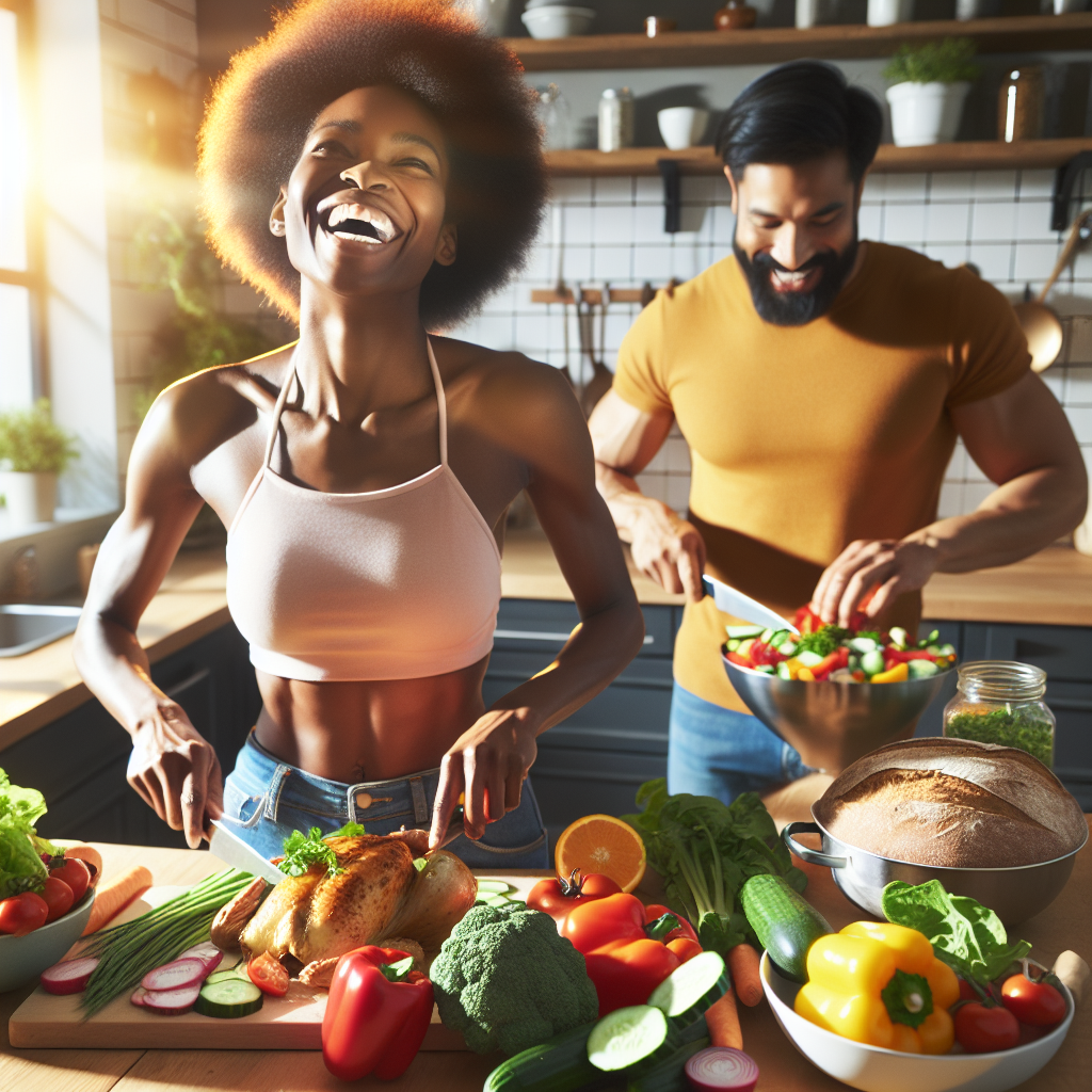 A person with a healthy and energetic demeanor, happily preparing a vibrant, nutritious meal featuring fresh vegetables, lean protein, and whole grains in a modern, sunlit kitchen. The image conveys well-being, mindful eating, and a sustainable approach to a healthy lifestyle.