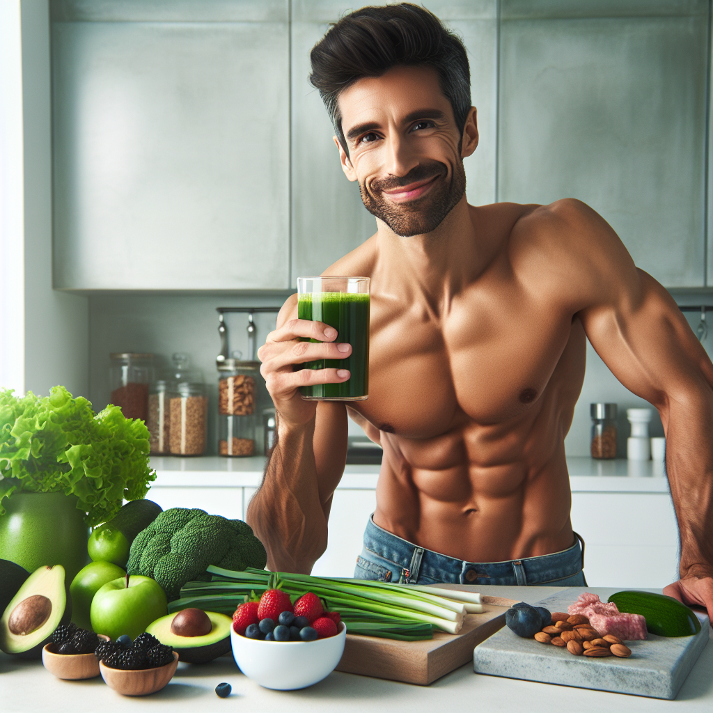 A person with a visibly flat and toned stomach, looking confident and healthy, smiling slightly while holding a fresh green juice or a glass of water. Around them, on a clean, bright counter, are an array of vibrant, healthy foods like avocados, berries, leafy greens, lean protein, and nuts. The background is soft and clean, conveying a sense of well-being and a modern, active lifestyle. High-key lighting, motivational, clean aesthetics.