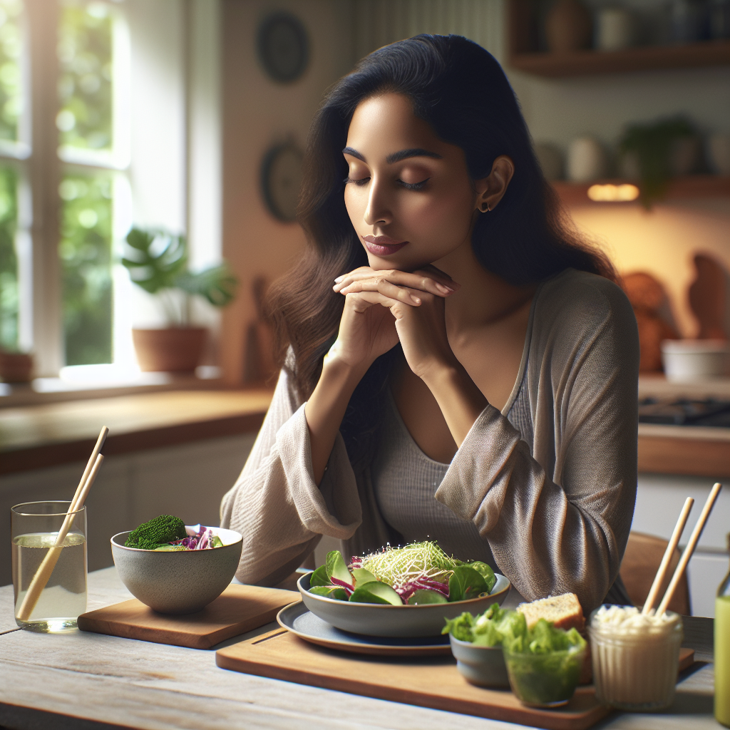 A person contentedly enjoying a beautifully arranged, healthy meal (e.g., a colorful salad with grilled chicken or plant-based protein) at a clean kitchen table in a relaxed home environment. The focus is on mindful eating and nourishing food, without any gym equipment or overt signs of strenuous exercise. The atmosphere is calm and promotes a sense of well-being through diet and a balanced lifestyle. Realistic style, soft, natural light.