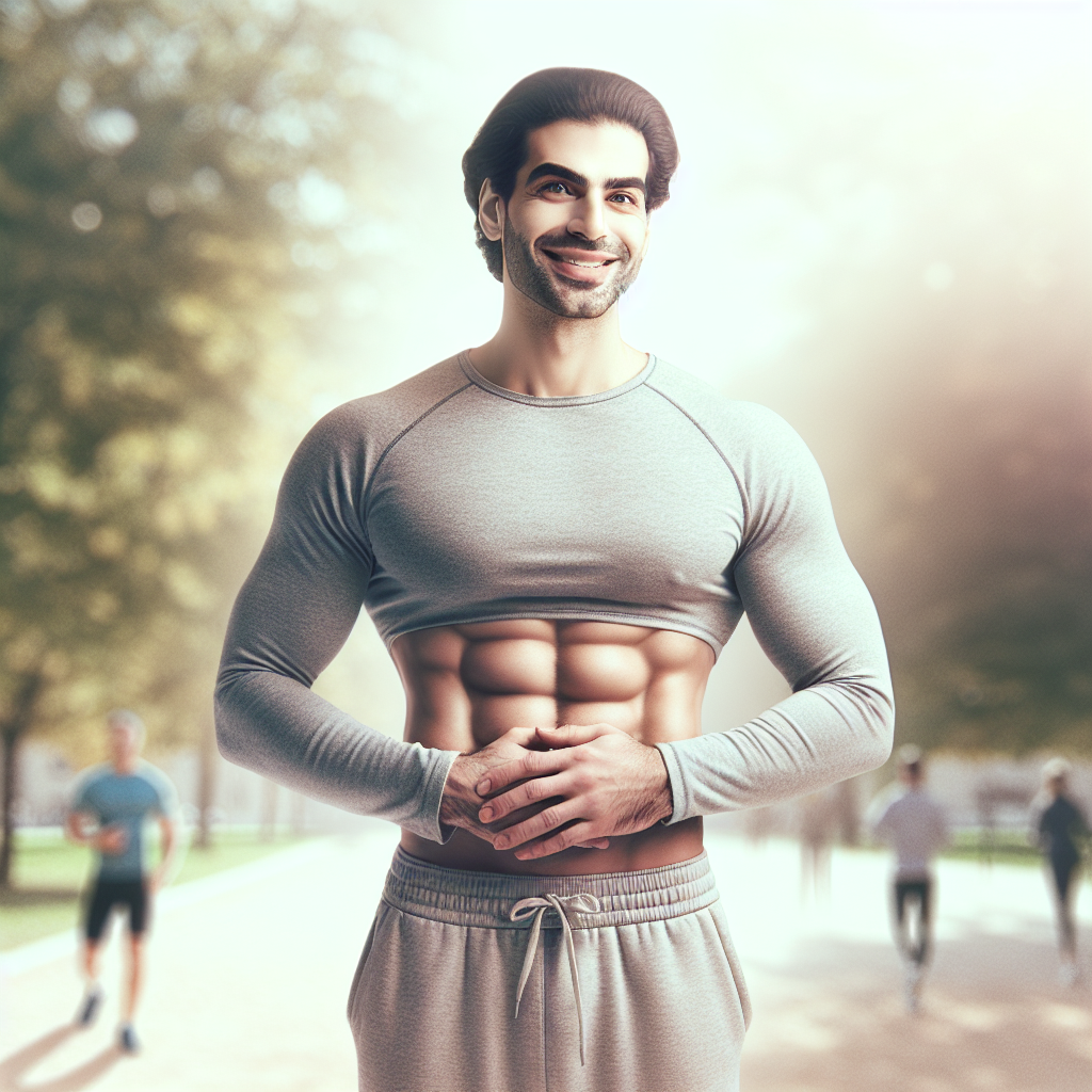 A diverse, fit person with a visibly flat and toned stomach, smiling confidently while standing outdoors in soft natural light, symbolizing success in losing belly fat. The background is slightly blurred, suggesting a healthy, active lifestyle. Realistic photo, blog article style.