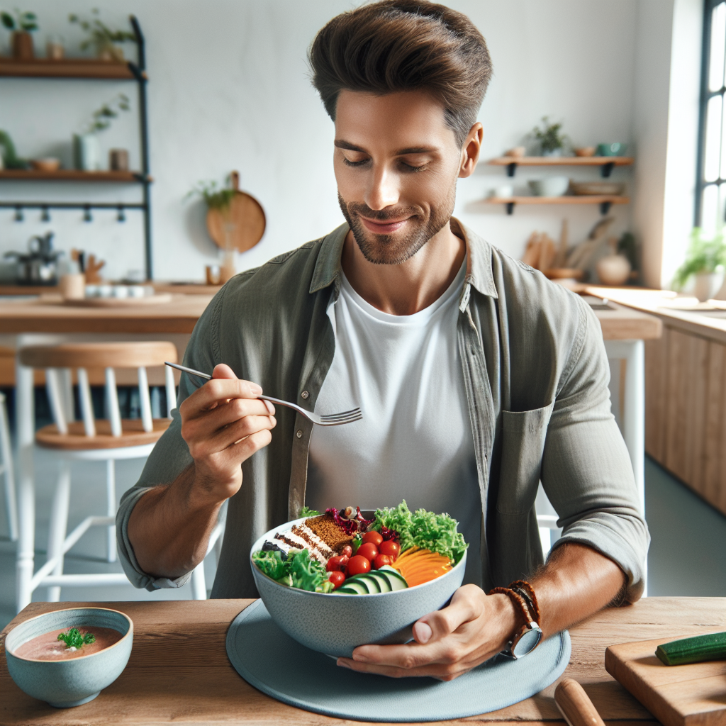 A happy and relaxed person, casually dressed, enjoying a delicious, colorful, and healthy meal (such as a large vibrant salad, a nutrient-rich smoothie bowl, or a balanced plate of lean protein and vegetables) in a bright, clean home kitchen or dining area. There are absolutely no sports items, gym clothes, or workout equipment visible. The focus is on wholesome nutrition and a calm lifestyle, suggesting weight loss achieved through mindful eating and well-being, not exercise. Soft, natural lighting with a clean aesthetic and food photography quality.