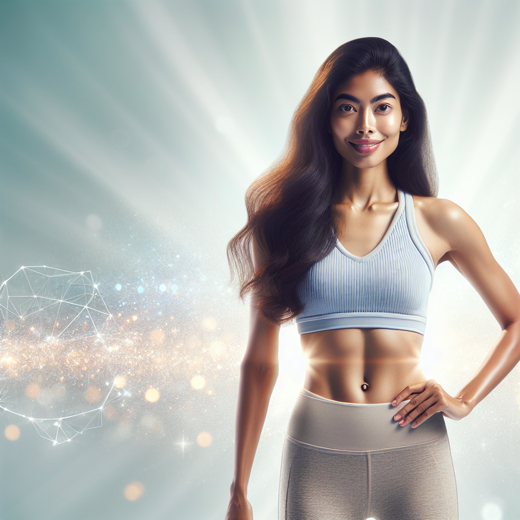 A person with a visibly flat and toned stomach, radiating confidence and well-being, possibly in light athletic wear. The background is clean and bright, symbolizing health and a fresh start. Realistic, inspiring style.