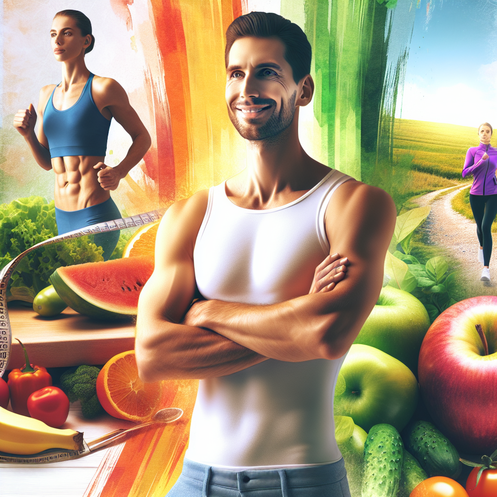 A person with a fit, lean physique and a noticeably flatter stomach, smiling confidently. In the background, elements subtly blend together to represent a healthy lifestyle: fresh, vibrant vegetables and fruits on a kitchen counter, a person jogging on a scenic path, and someone meditating peacefully. The overall atmosphere is positive, energetic, and serene. Digital art, realistic style, vibrant colors.