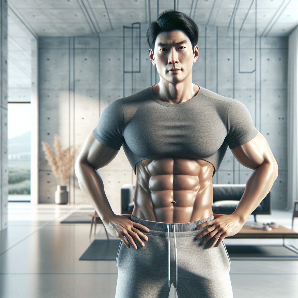 A confident, fit man in his 40s, with a toned, flat stomach, standing proudly with his hands on his hips. He is wearing comfortable, athletic-style clothing. The background is clean and bright, possibly a modern home environment or a minimalist gym, suggesting a healthy lifestyle. The man has a positive, determined expression. Realistic photographic style.