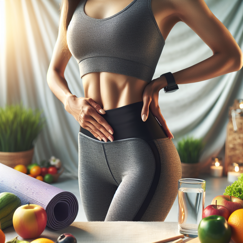 A person (gender-neutral) in comfortable athletic wear, standing confidently with hands gently on their hips, subtly showcasing a toned and flat midsection. The background is softly blurred, featuring a harmonious blend of elements signifying a healthy lifestyle: vibrant fresh fruits and vegetables, a glass of water, and a yoga mat. The lighting is bright, natural, and inviting, creating an uplifting and motivating atmosphere. The overall style is clean, modern, and aspirational, suitable for a health and fitness blog. Realistic, high-quality photography.