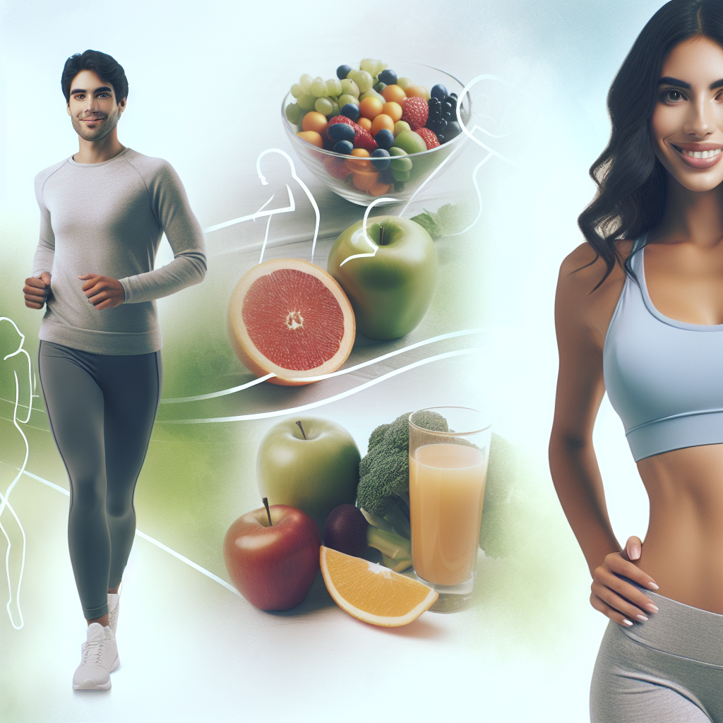 A confident, gender-neutral person, smiling subtly, with a healthy and toned midsection, wearing comfortable athletic wear. The background subtly blends elements of a balanced diet (like fresh fruits and vegetables) and physical activity (like a blurred hint of a running path or exercise equipment), bathed in soft, natural light. The overall mood is positive, encouraging, and emphasizes well-being and a healthy lifestyle rather than just weight loss. Modern, clean, and optimistic aesthetic.