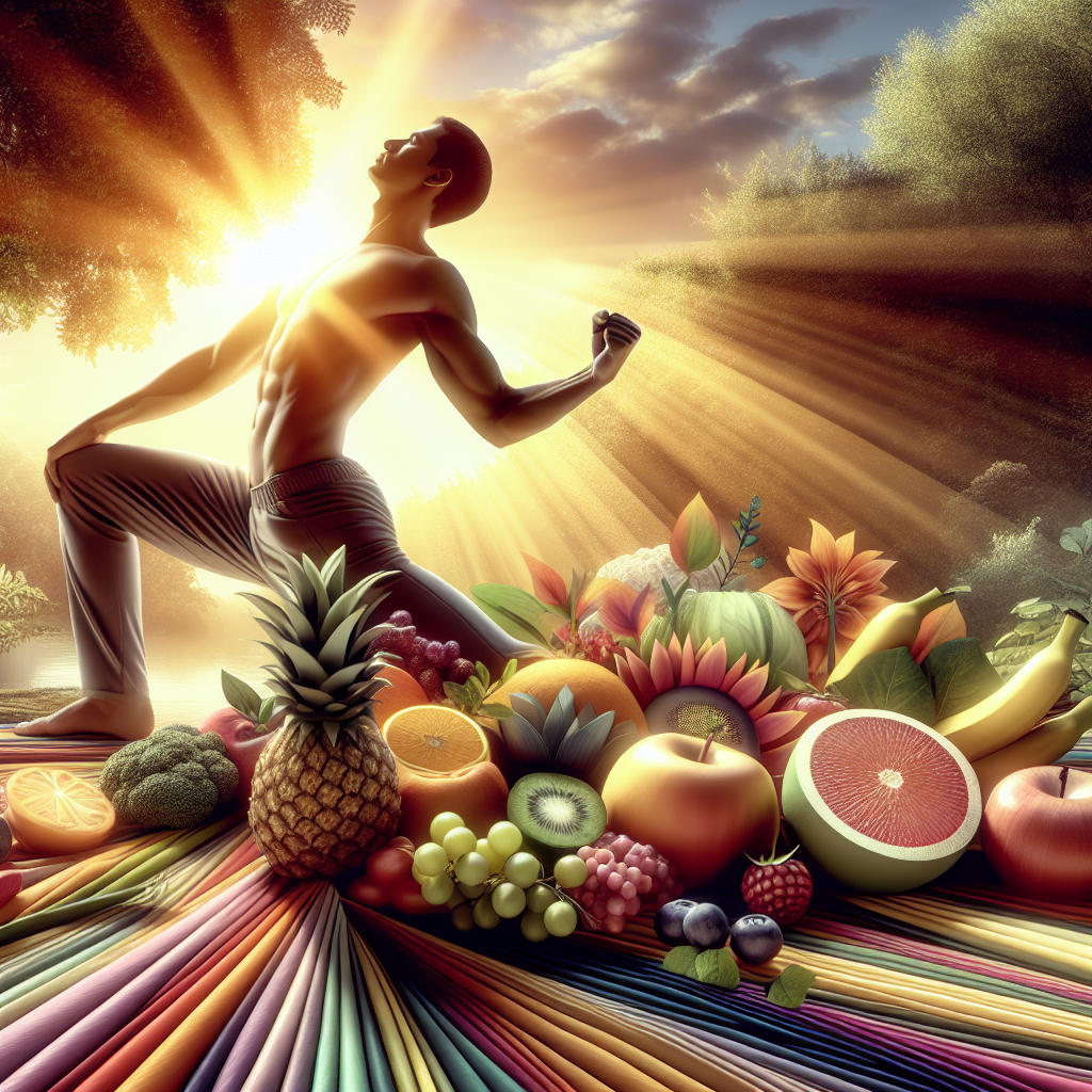 A dynamic image of a person with a fit and healthy midsection, performing a morning stretch outdoors in a bright, natural setting. Subtle elements of fresh, colorful fruits and vegetables are artfully arranged nearby, symbolizing a balanced diet. The overall mood is positive, energetic, and emphasizes holistic well-being and successful belly fat reduction. Realistic style, vibrant colors.