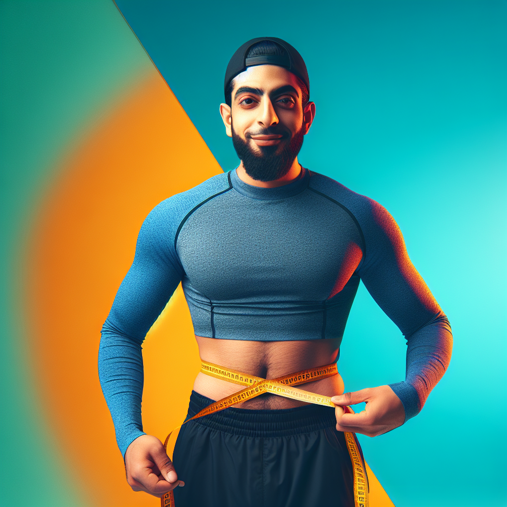 A person with a visibly toned and flat stomach, wearing athletic wear, confidently pulling a measuring tape around their waist, indicating successful belly fat loss. The background is a bright, clean, minimalist fitness studio, conveying motivation and achievable results. Realistic photograph.