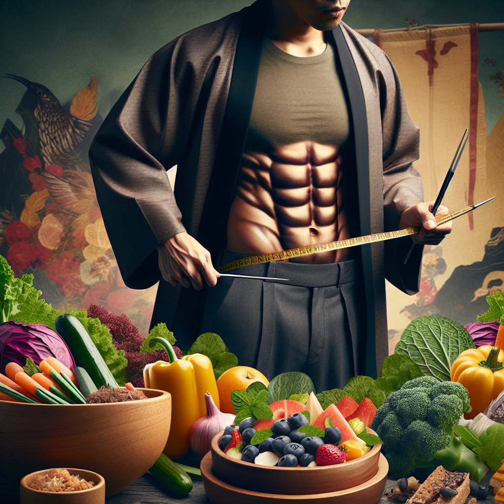 A determined person with a visibly toned midsection, symbolizing the successful loss of stubborn belly fat. Healthy, vibrant foods like fresh vegetables, fruits, and lean protein are subtly arranged in the background, representing the nutritional strategy. The atmosphere is empowering and modern. Realistic photography style.