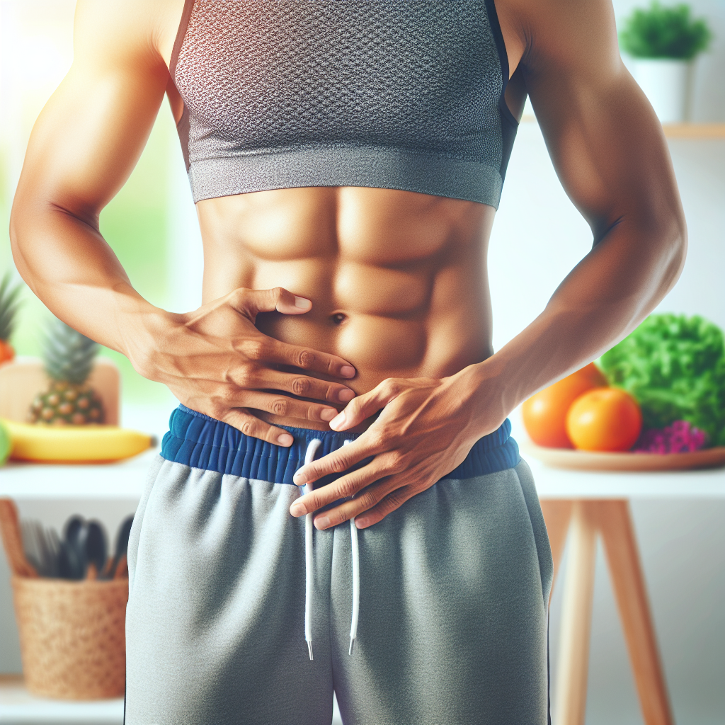 Eine sportliche, gesunde Person steht selbstbewusst da und berührt leicht ihren straffen, flachen Unterbauch. Die Szene strahlt Wohlbefinden und Erfolg aus, mit einem hellen, sauberen Hintergrund, der subtil Elemente eines gesunden Lebensstils wie frische Lebensmittel oder eine minimalistische Fitnessumgebung andeutet. Realistischer Stil, lebendige Farben, weiche Beleuchtung.