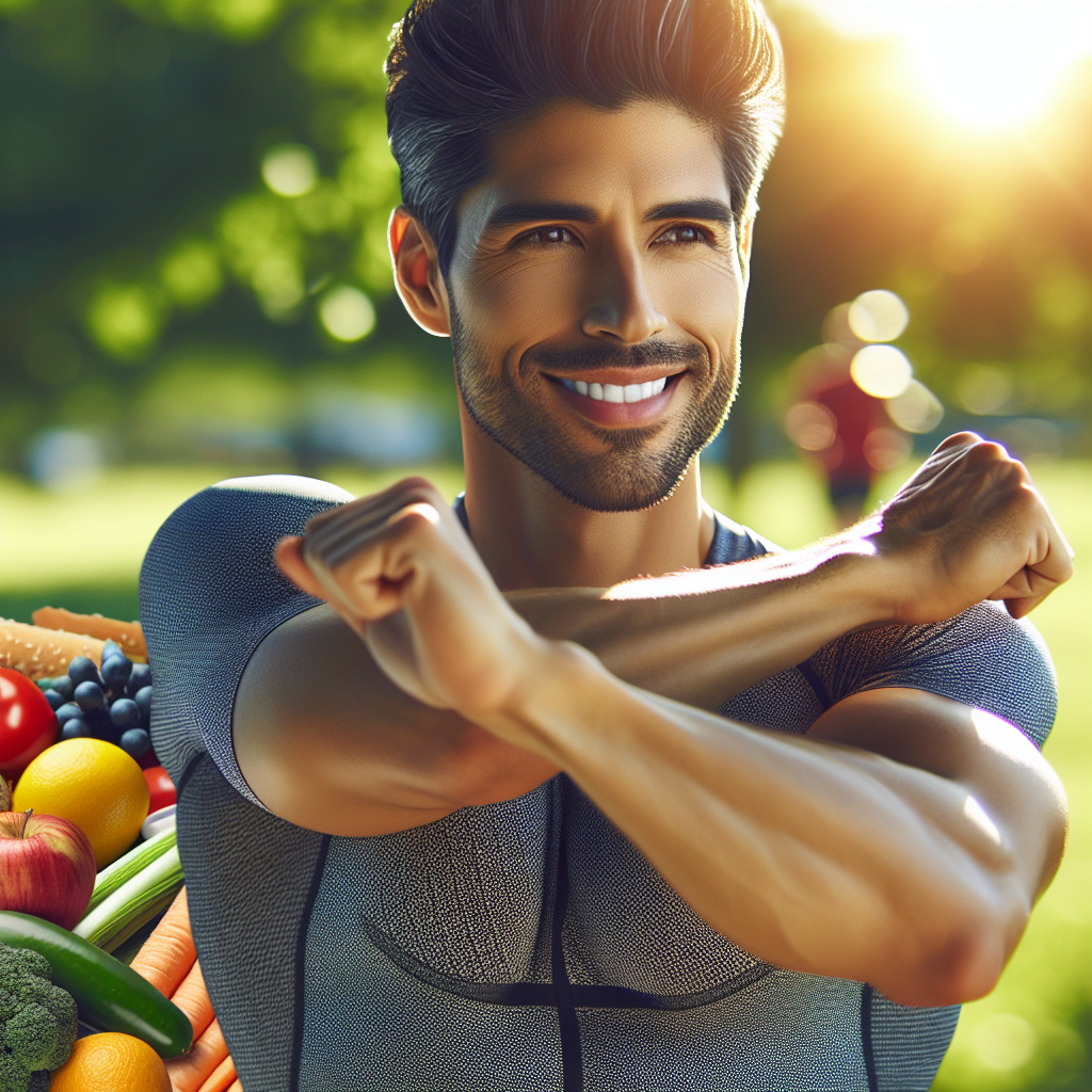 A fit, active person with a toned midsection, wearing sportswear, smiling confidently while engaging in a light morning stretch in a sunlit park. Healthy food elements like fresh fruits and vegetables are subtly blurred in the background. The image should convey vitality, well-being, and a successful healthy lifestyle, with an uplifting and energetic atmosphere.