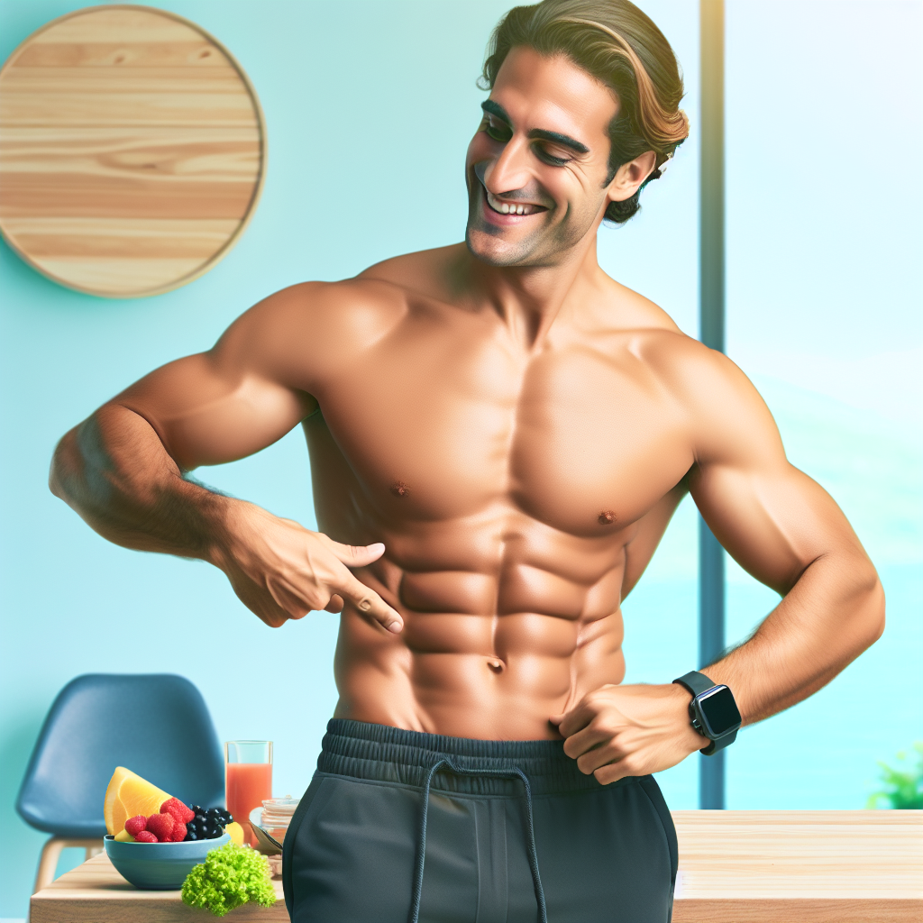 A person with a healthy and fit physique, smiling confidently and looking energetic, perhaps in comfortable athletic wear. They are subtly gesturing towards their flat stomach or performing a gentle, graceful movement. The background is bright, clean, and inspiring, with soft, natural lighting, perhaps subtly hinting at healthy elements like fresh produce or a serene outdoor environment. The overall mood is positive, aspirational, and emphasizes well-being and a balanced lifestyle. Realistic photo, modern aesthetic.