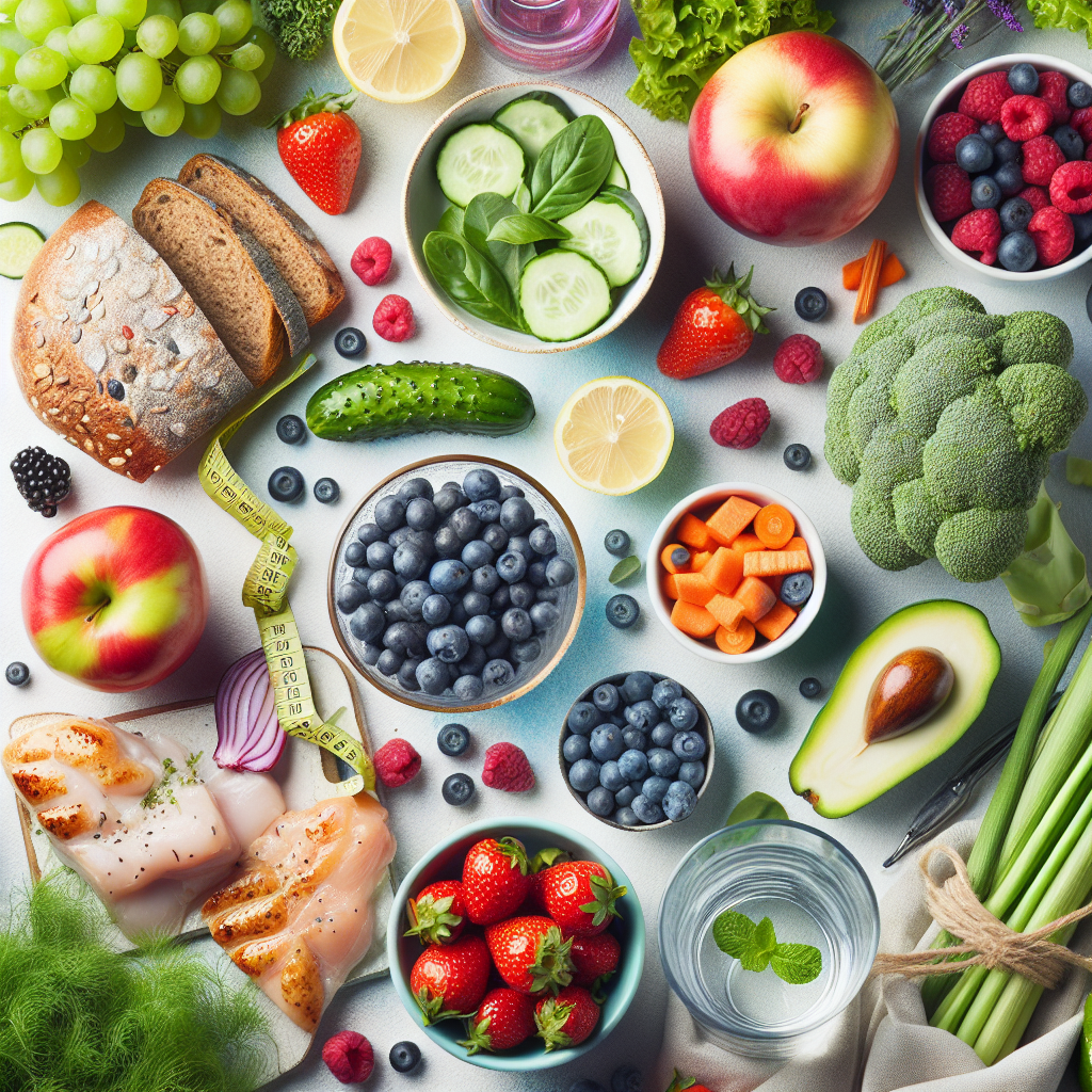 A vibrant flat lay featuring a variety of wholesome, fresh foods known to reduce belly fat: colorful berries, green leafy vegetables, lean protein (like grilled chicken or fish), whole-grain bread, and a glass of water with lemon. A measuring tape is subtly integrated into the composition, symbolizing progress towards a flat stomach. The scene is bright, clean, and appetizing, emphasizing healthy nutrition for weight loss. Professional food photography style.