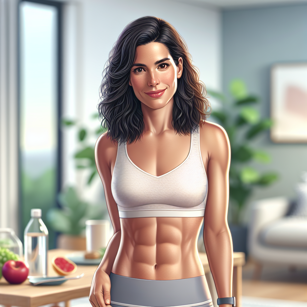 A confident and healthy woman in her 30s-40s, with a subtle, toned midsection, smiling gently. She is in a bright, modern setting, perhaps a home or wellness studio. In the background, out of focus, are elements suggesting a healthy lifestyle: fresh fruit, a glass of water, and a yoga mat. The image conveys empowerment, well-being, and achievable fitness, with a soft, inviting color palette. Digital illustration.