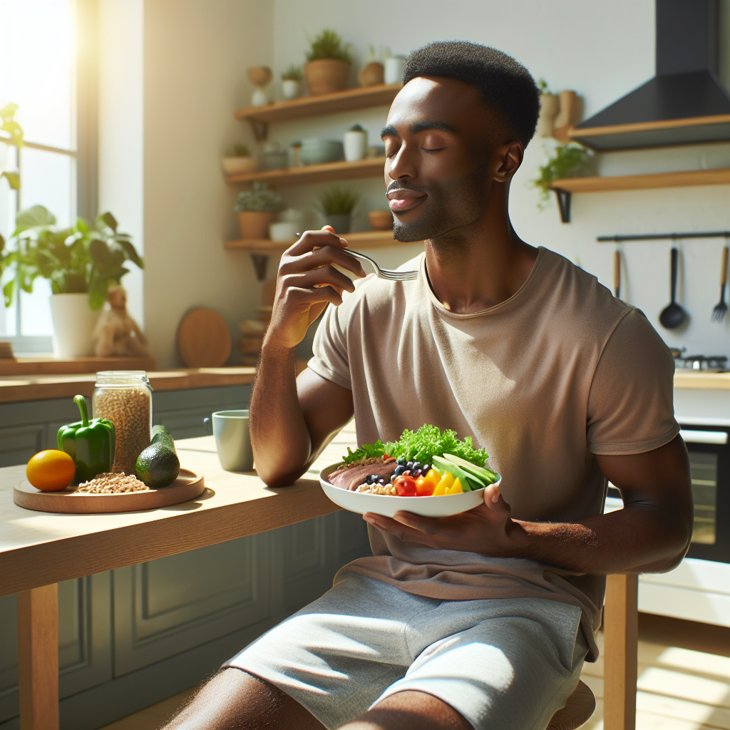 A calm and content person in a modern, light-filled kitchen, mindfully enjoying a healthy and balanced meal. The plate features a colorful array of fresh vegetables, lean protein, and healthy fats like avocado or nuts. There are no sports equipment or active exercise visible, emphasizing a relaxed approach to well-being and nutrition for weight management. The scene is bright, clean, and inviting, with a focus on wholesome food.