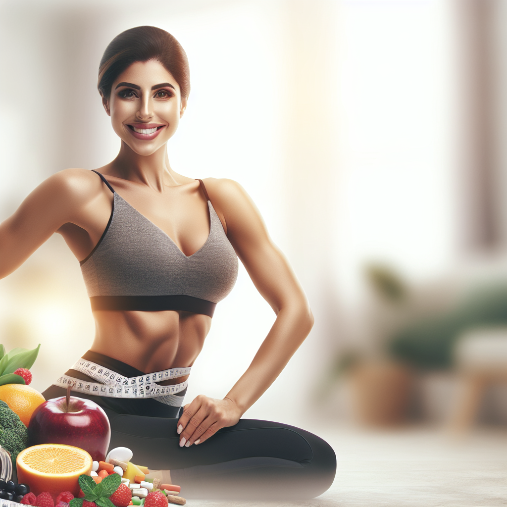 A person with a healthy, toned physique, smiling confidently while engaging in a gentle core exercise or stretching, symbolizing progress and effective weight management. The background subtly features elements of fresh, vibrant fruits and vegetables, and a clean, energetic atmosphere, conveying a holistic approach to wellness and successfully targeting lower belly fat.