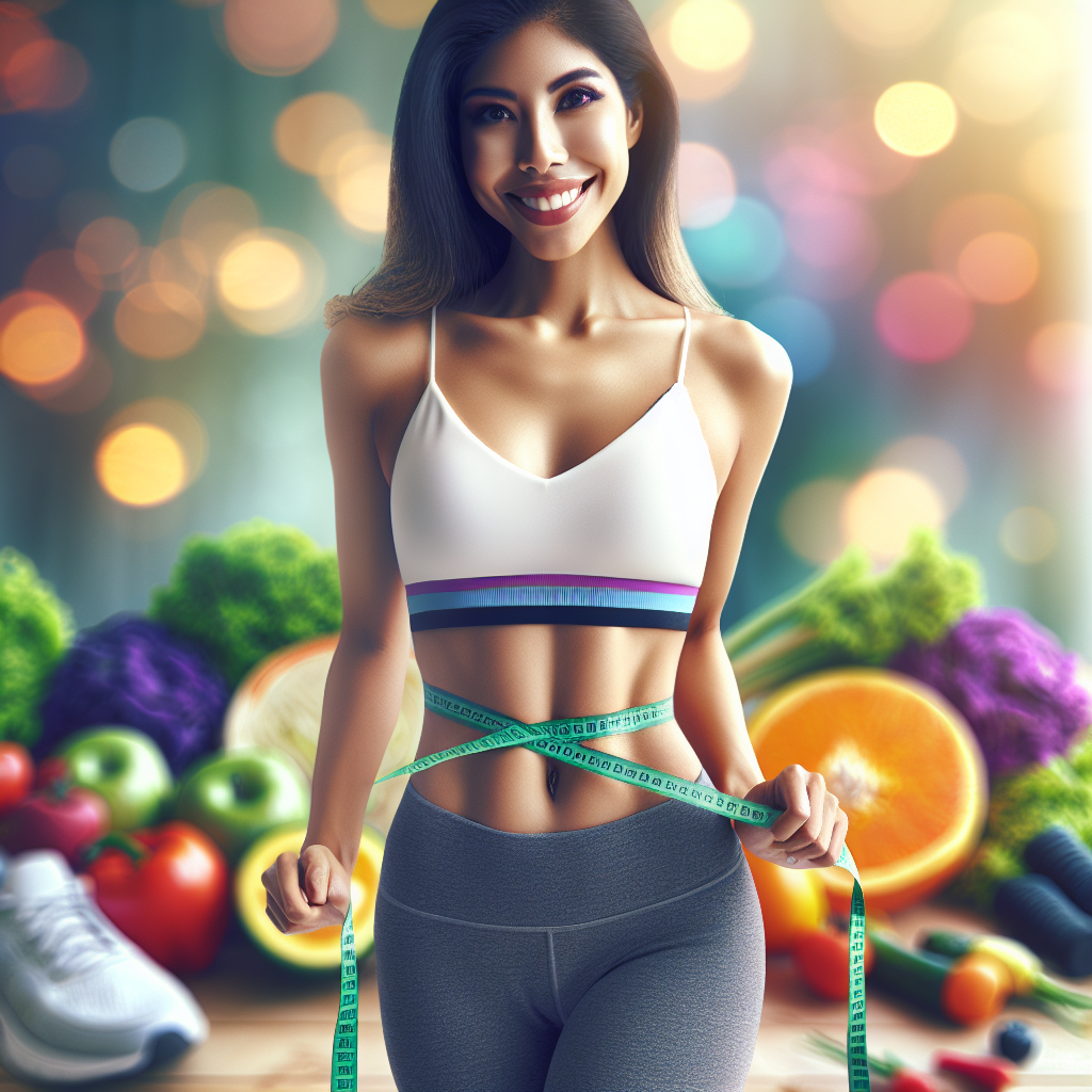 A motivated person in comfortable activewear, smiling confidently as they hold up a measuring tape around their now-slimmer waist, symbolizing progress in losing belly fat. In the background, a blurred, bright scene featuring fresh fruits, vegetables, and a pair of running shoes, indicating a healthy lifestyle. The overall mood is optimistic, empowering, and focused on wellness. Realistic style, natural lighting.