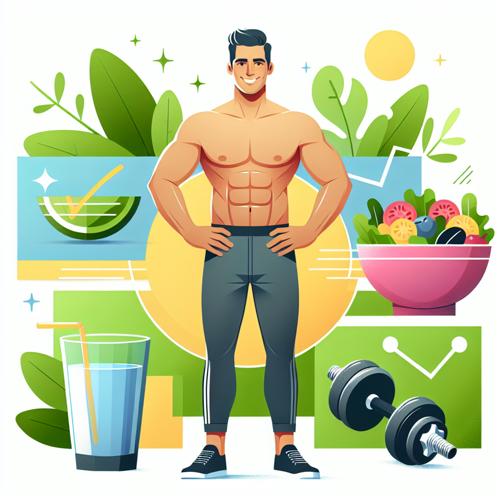 Eine moderne und inspirierende Illustration einer Person mit einem sichtbar flacheren, strafferen Bauch, die selbstbewusst lächelt und in bequemer Sportkleidung posiert. Um die Person herum sind symbolisch Elemente eines gesunden Lebensstils angeordnet: eine bunte Schüssel mit frischem Salat, ein Glas Wasser, ein kleines Hantel-Set und ein entspannter, grüner Pflanzenhintergrund. Der Stil ist sauber, hell und vermittelt Gesundheit, Energie und Erfolg.