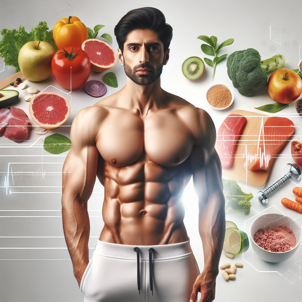 A diverse person with a fit and healthy physique, confidently standing with a subtle emphasis on their toned lower abdomen. The background subtly blends elements of healthy eating (fresh vegetables, fruits, lean protein) and light fitness equipment (dumbbells, yoga mat), conveying a sense of well-being, progress, and an active lifestyle. The overall aesthetic should be clean, motivational, and bright.