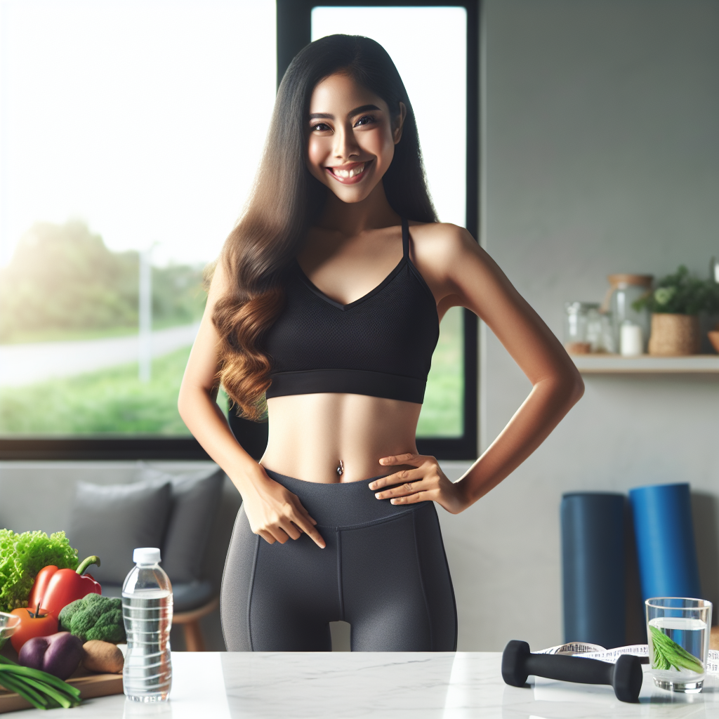 A person confidently smiling, wearing athletic clothing, touching their flat stomach. In the background, blurred elements like fresh vegetables, a glass of water, and light exercise equipment (e.g., a yoga mat or small dumbbell) suggest a healthy lifestyle. Bright, natural lighting. Realistic, motivational, and clean aesthetic.