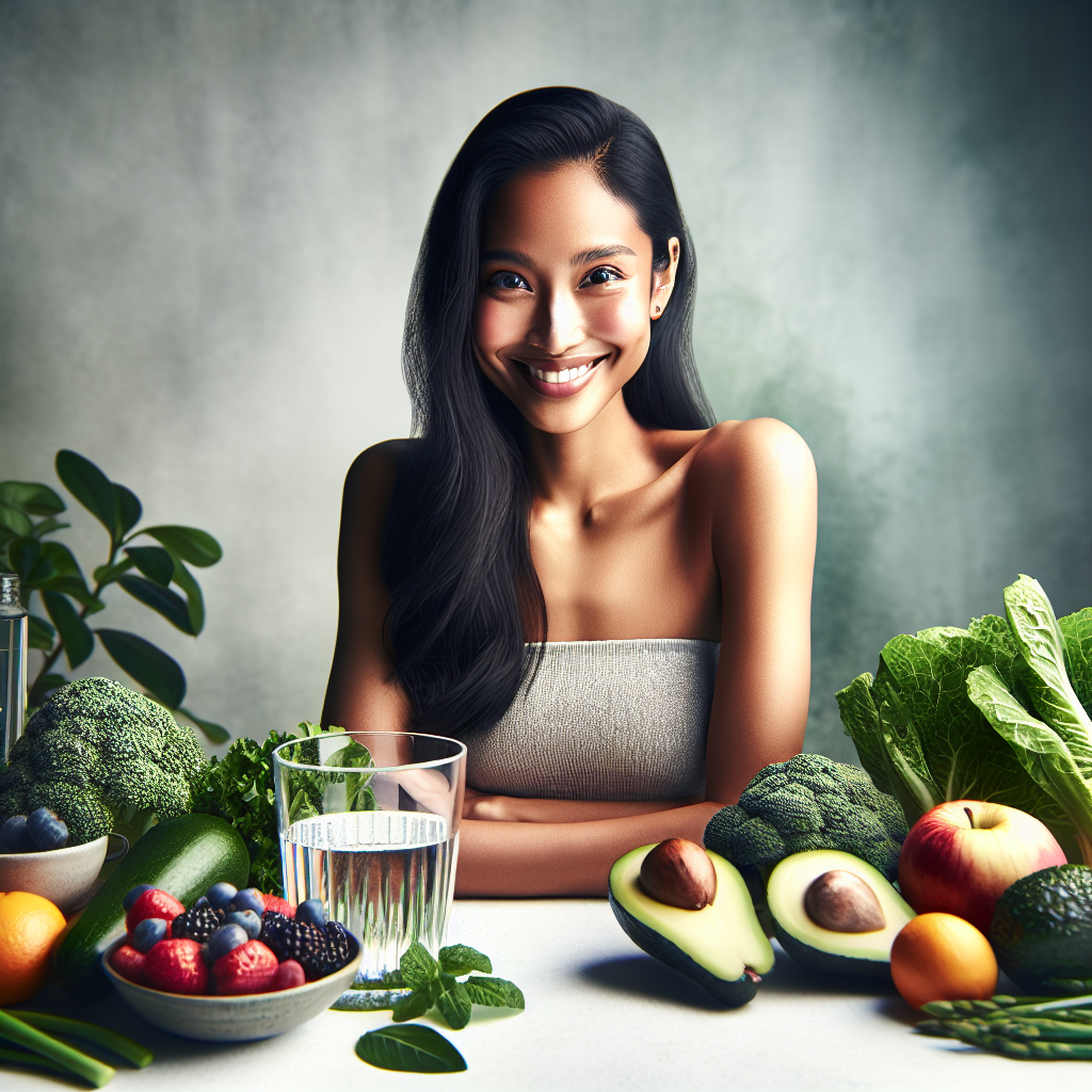 A person with a visibly toned and healthy midsection, smiling confidently, surrounded by fresh, colorful fruits and vegetables (like berries, leafy greens, avocados) and a glass of water. The overall image conveys health, well-being, and the positive results of a healthy lifestyle focused on losing belly fat. Soft, natural lighting and a clean, inviting background. Realistic photo style.