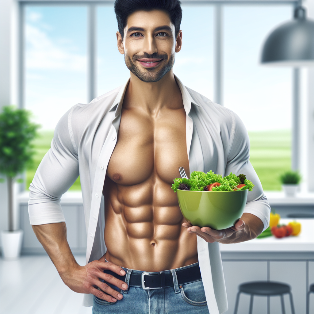 A fit person with a visibly flat stomach, smiling confidently while holding a healthy snack like an apple or a a colorful salad bowl. The setting is bright and clean, perhaps a modern kitchen or a sunny outdoor space, emphasizing a healthy lifestyle and successful weight management. The image should convey a feeling of well-being and accomplishment. Realistic photography style.