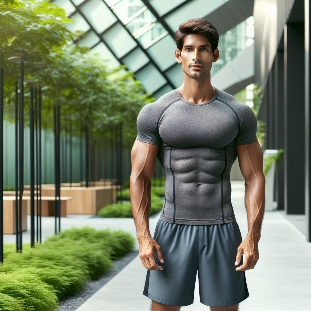 A fit and confident man in his late 30s with a visibly flat and toned stomach, wearing athletic shorts and a t-shirt. He is standing upright, looking healthy and energetic. The setting is bright and clean, perhaps a modern gym or an outdoor park with green foliage. Realistic photographic style, motivational and aspirational.
