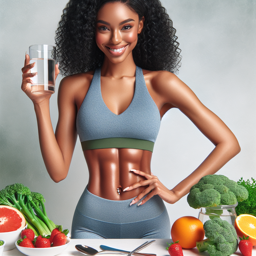 A radiant, fit person with a noticeably flat and toned stomach, smiling confidently, surrounded by vibrant, healthy foods such as fresh vegetables, fruits, and a clear glass of water. The setting is bright and clean, subtly suggesting an active and healthy lifestyle, conveying successful belly fat loss and well-being. Realistic, inviting, and positive.