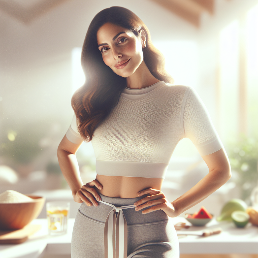 A radiant woman in her 30s-40s, confidently and gracefully standing with a serene expression, subtly showcasing a fit, healthy midsection in comfortable activewear. She is in a bright, clean, and inspiring home environment or a sunny, peaceful outdoor setting, with subtle hints of healthy lifestyle elements like a bowl of fresh fruit, a glass of water, or a yoga mat in the soft-focus background. The overall mood is empowering, positive, and focused on wellness and inner strength. Realistic photo, natural lighting, high detail.
