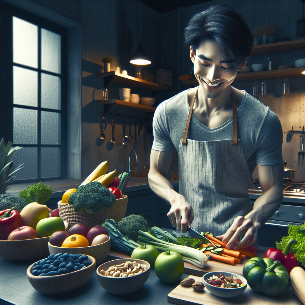 A happy, healthy-looking person (gender-neutral) in a bright, modern kitchen, preparing a colorful, wholesome meal with fresh vegetables, fruits, and nuts. The setting should clearly show a focus on healthy eating and a relaxed, comfortable lifestyle, with no gym equipment or sports gear visible. The overall mood is one of ease and well-being, subtly hinting at achieving health goals without strenuous exercise. Realistic photo, natural lighting.