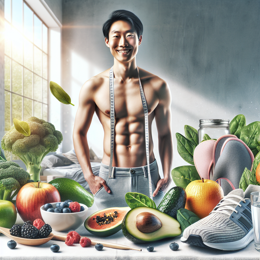 A diverse person (gender-neutral) with a visibly toned and flat stomach, confidently smiling and looking healthy. Around them, in a harmonious and clean composition, are floating or subtly integrated symbols of a holistic healthy lifestyle: fresh, colorful fruits and vegetables (e.g., berries, spinach, avocado), a pair of athletic running shoes, a peaceful sleeping mask, and a glass of refreshing water. The background is bright, clean, and inspiring, emphasizing a positive transformation and well-being. Realistic, high-quality photograph, soft natural lighting.