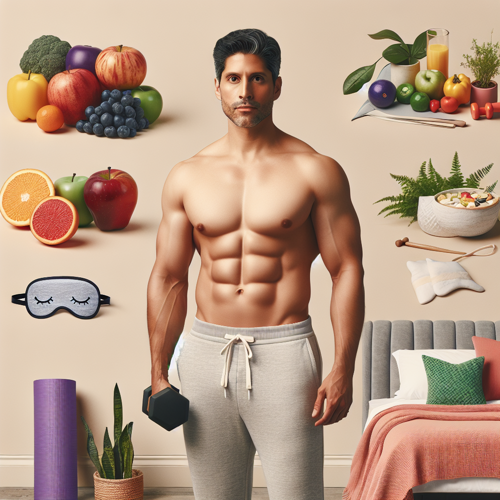A vibrant and inspiring image depicting a diverse person with a confident, healthy demeanor and a subtly toned midsection. They are surrounded by elements symbolizing the key strategies for losing belly fat: a colorful array of fresh fruits and vegetables, a light set of dumbbells or a yoga mat, a peaceful sleeping mask or a serene bedroom scene, and a calming plant representing stress reduction. The overall aesthetic should be clean, modern, and motivating, with warm, inviting colors and soft, natural lighting, emphasizing holistic health and well-being rather than extreme physical appearance.