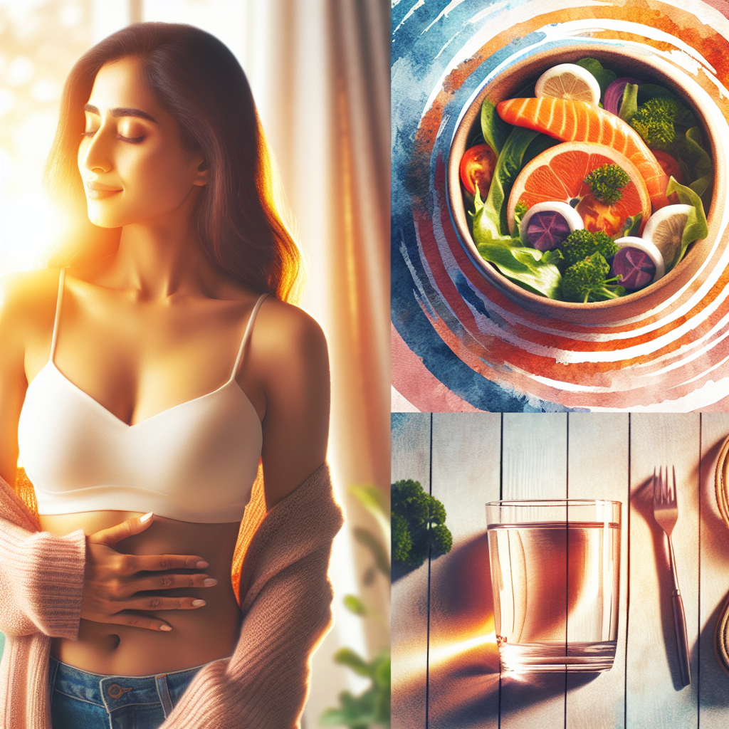 A person, with a determined yet hopeful expression, gently touching their midsection. In the foreground or slightly blurred background, there are inviting elements of a healthy lifestyle: a vibrant bowl of fresh salad, lean protein, a glass of water, and a subtle suggestion of light activity. The lighting is warm and natural, conveying a sense of progress and well-being.