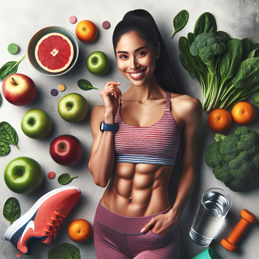 A fit and energetic person, smiling confidently, visibly demonstrating a toned abdomen. They are surrounded by fresh, vibrant healthy foods like colorful vegetables and fruits, a glass of water, and subtle hints of exercise equipment such as running shoes or a yoga mat. The overall atmosphere is bright, motivating, and clean, emphasizing health, transformation, and success in reducing belly fat.