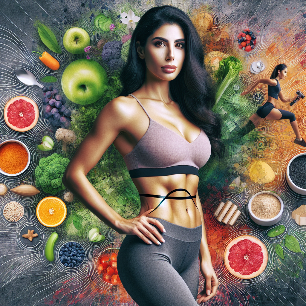 A person with a visibly toned and flat lower abdomen, looking confident and healthy. In the background, a dynamic collage of elements representing a balanced diet (vibrant fruits, leafy greens, whole grains) and various forms of exercise (weights, resistance bands, a running track) subtly blend together, symbolizing the journey and achievement of reducing stubborn lower belly fat. The overall mood is positive and empowering.
