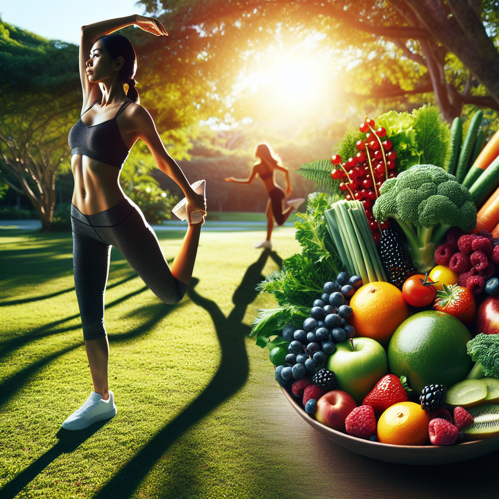 A vibrant and diverse person with a fit and healthy midsection, performing a dynamic yet gentle exercise like a stretch or light jog in a bright, natural outdoor setting. In the foreground, a beautifully arranged assortment of fresh, colorful fruits and vegetables (like berries, leafy greens, and citrus) subtly symbolizes healthy nutrition. The overall image should evoke a sense of well-being, energy, and a balanced lifestyle. Realistic photography with natural light and an inspiring atmosphere.