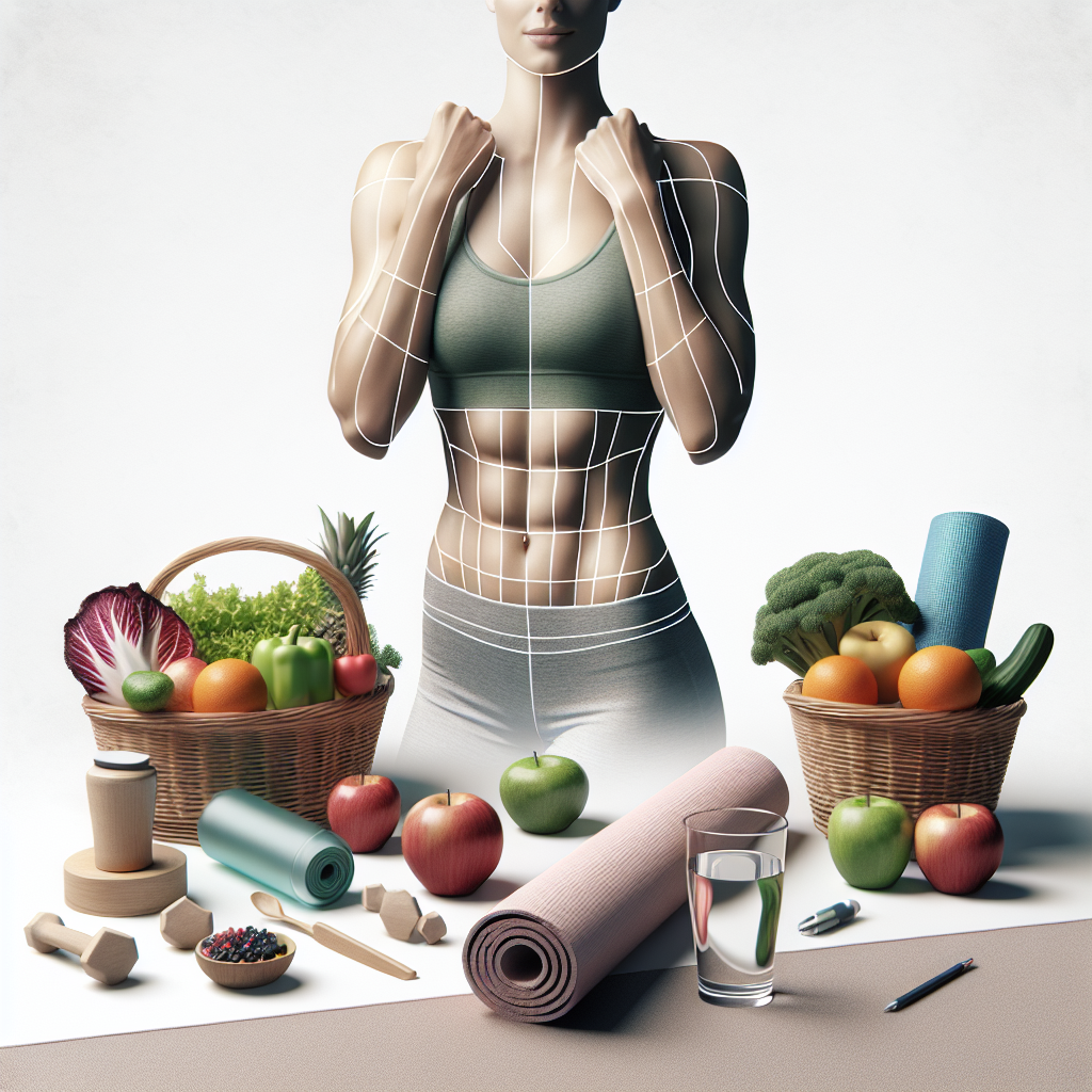 A person with a healthy, toned midsection, confidently looking forward, with a subtle blend of elements representing a balanced lifestyle: fresh fruits and vegetables, a yoga mat, and a glass of water. The overall image should be clean, inspiring, and convey wellness and achievement. Photorealistic style with soft, natural lighting.