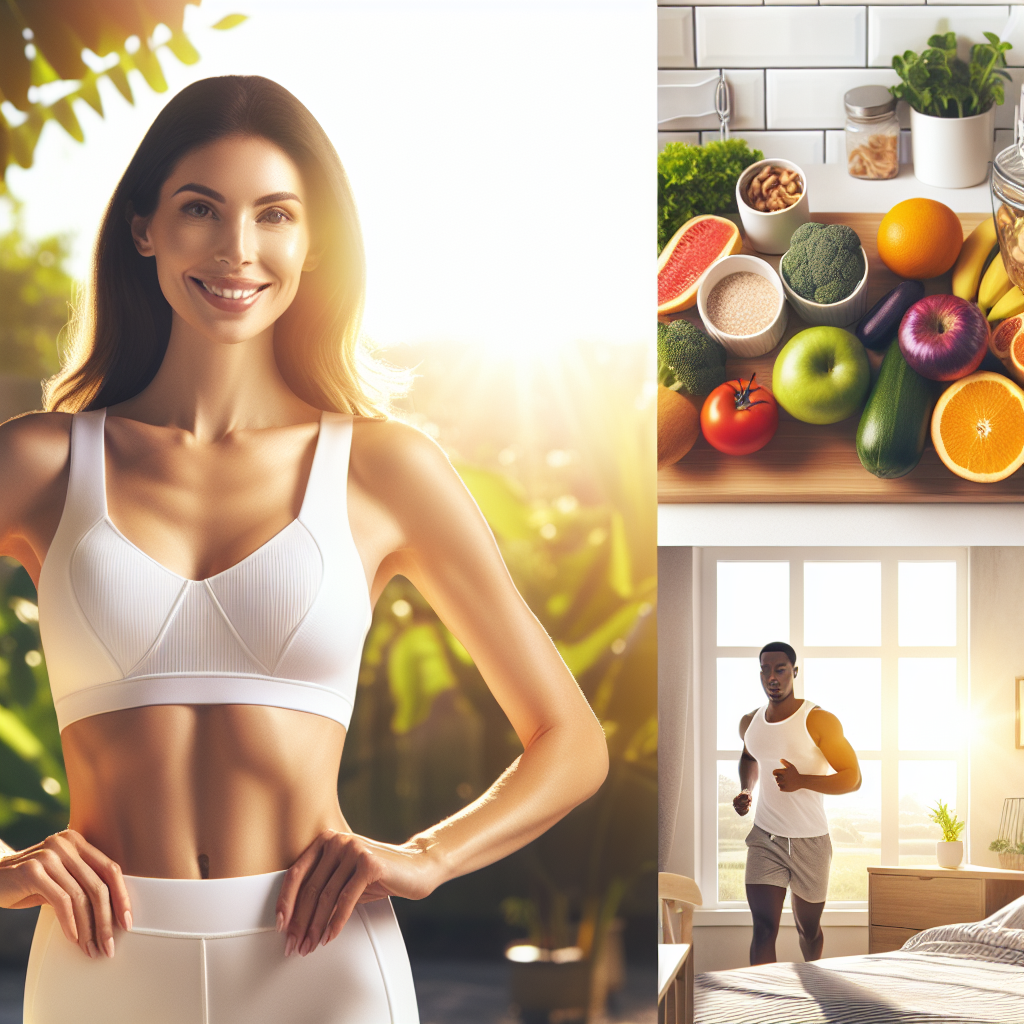 An inspiring, high-quality image of a person with a fit and healthy physique, hands on hips, subtly indicating a toned midsection, smiling confidently. The background seamlessly blends elements of a balanced lifestyle: a vibrant display of fresh fruits, vegetables, and lean protein on a kitchen counter, a dynamic scene of someone jogging or cycling outdoors in a park, and a serene, sunlit bedroom with a person peacefully sleeping. The overall aesthetic is bright, optimistic, and clean, conveying health, vitality, and successful, sustainable weight management. German blog article style.