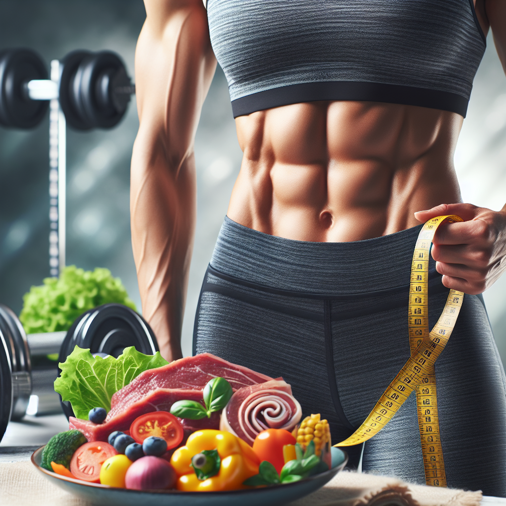 A healthy person, confidently standing in comfortable activewear, with a subtle emphasis on their core/lower abdominal area, conveying strength and well-being. In the soft-focus background, there are hints of a balanced plate of food (colorful vegetables, lean protein) and a measuring tape unrolling. The overall mood is empowering and optimistic, focusing on achievable health goals and a modern, clean aesthetic.