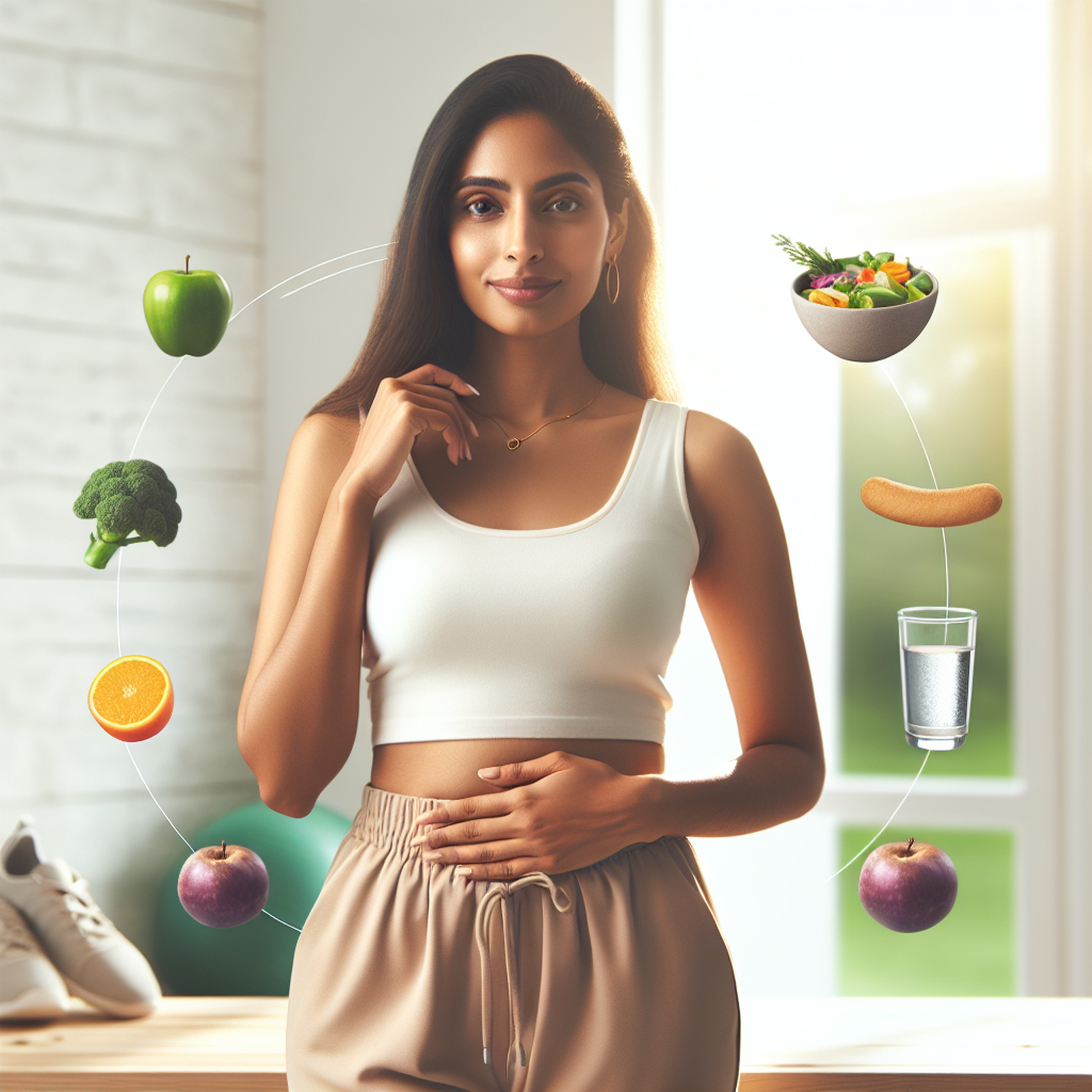 A diverse person with a confident, healthy expression, gently touching their flat stomach area, set against a bright, clean background. Around them are subtle visual cues of a balanced lifestyle: fresh, vibrant vegetables and fruits, a glass of water, and elements suggesting light physical activity like walking shoes or a yoga mat. The overall atmosphere is encouraging, positive, and focused on sustainable health and well-being. Realistic photo, soft natural light.