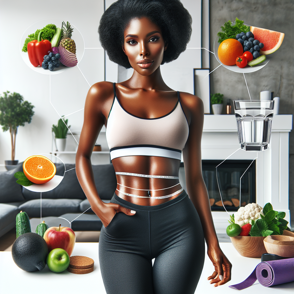 A confident, healthy person with a toned midsection, subtly suggesting successful belly fat reduction. They are surrounded by visual cues of a balanced lifestyle: vibrant fresh fruits and vegetables, a glass of water, and elements representing physical activity like running shoes or a yoga mat. The overall atmosphere should be modern, clean, and inspiring, conveying health, vitality, and the journey towards a flatter stomach. Realistic fitness photography style, good lighting.