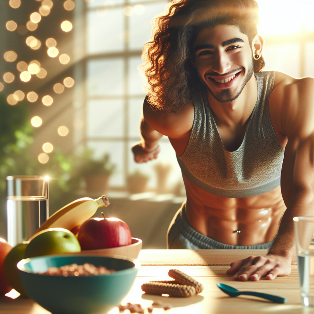 A vibrant and energetic scene featuring a person (gender-neutral, diverse), mid-exercise (e.g., light stretching or a core workout), smiling confidently with a visibly toned midsection. In the background, subtly blurred, are elements symbolizing a healthy lifestyle: a bowl of fresh fruits and vegetables, a glass of water, and morning sunlight streaming through a window. The overall impression is one of progress, health, and sustainable change, encouraging viewers to achieve their fitness goals. Realistic, inspiring, clean aesthetic.