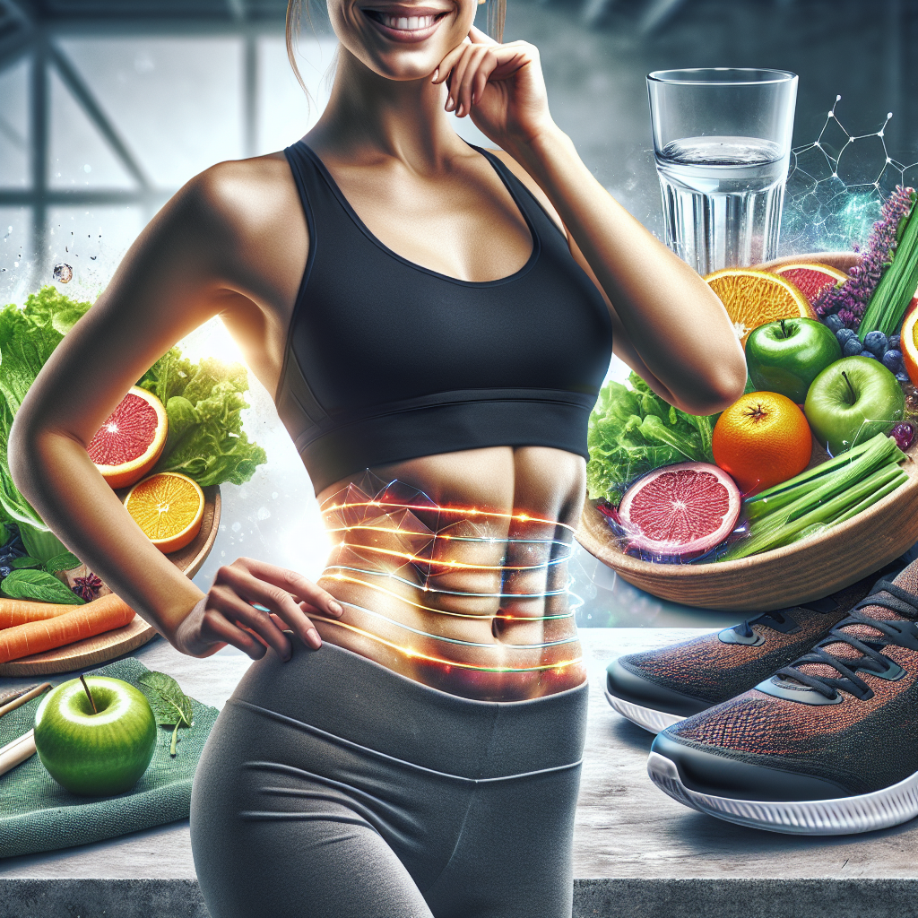 A person with a visibly toned and healthy midsection, smiling confidently, stands in a bright, modern setting. Around them, visual elements subtly represent key strategies for losing belly fat: a plate of colorful fresh vegetables and fruits, a pair of running shoes, and a glass of water. The overall image conveys positive transformation, health, and an active lifestyle. Realistic photo style, inspiring and clean aesthetic.