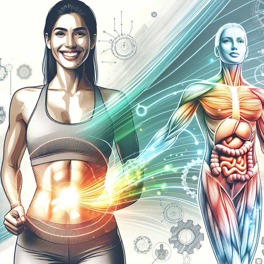 A vibrant, stylized illustration showing a person full of energy and vitality, perhaps with an athletic build. Around their core, abstract, glowing lines or subtle, intricate gears subtly illustrate an active, 'fast' metabolism. The person should have a radiant expression, conveying health and well-being. The background is clean, bright, and optimistic, using a modern, inviting color palette. Focus on illustrating energy and internal biological processes in an inspiring way.