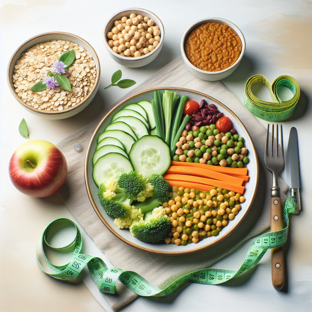 A vibrant and appetizing flat lay photograph of a healthy, fiber-rich meal designed for belly fat reduction. The plate features colorful fresh vegetables, cooked legumes (like lentils or chickpeas), and a portion of whole grains. A subtle, symbolic measuring tape is artistically integrated into the composition, hinting at progress and wellness. The setting is bright and clean, with natural lighting, conveying an inviting and healthy aesthetic.