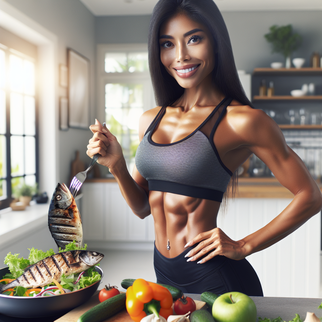 A fit and healthy person, with a visibly toned midsection, smiling confidently while engaging in a healthy activity like preparing a nutritious meal or stretching before a workout. The scene should convey energy, well-being, and a sense of achievement. Bright, optimistic lighting. Digital art, realistic style.