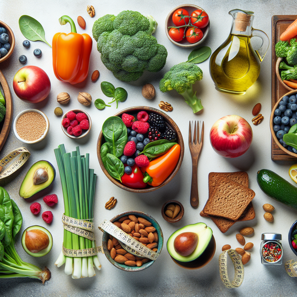 A vibrant and artfully arranged flat lay of diverse, healthy foods known to aid in belly fat loss, such as colorful fresh vegetables (broccoli, spinach, bell peppers), berries, whole-grain bread, avocado, nuts, and a bottle of olive oil. A measuring tape is subtly integrated into the composition, partially wrapped around some items, symbolizing a shrinking waistline and effective nutrition. The scene is bright, clean, and inviting, with natural light and a focus on freshness and natural textures.
