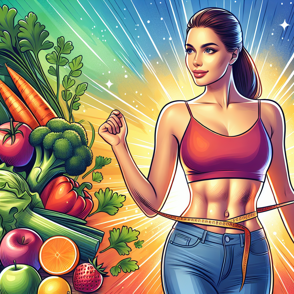 A vibrant illustration of a person confidently choosing healthy foods like fresh vegetables and fruits, with a toned midsection subtly emphasized, representing successful belly fat loss through diet. The background is bright and inspiring, with a focus on well-being and a balanced lifestyle. Modern, clean art style.